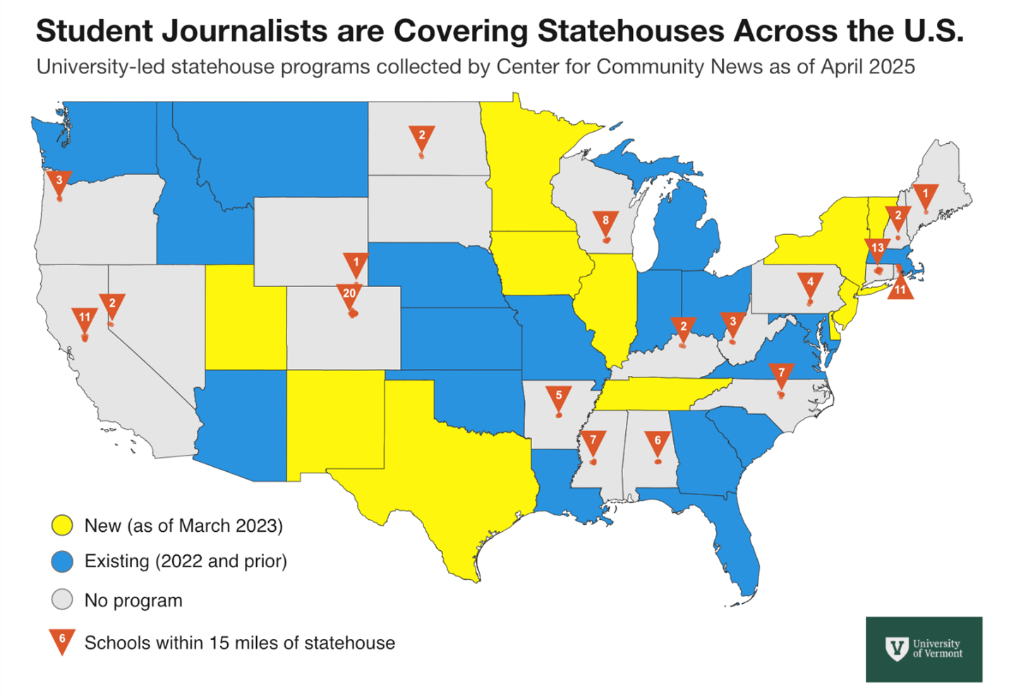 Map of the US showing growth of statehouse student reporting. 12 states are highlighted as having new programs after March 2023. 19 existed prior to March 2023. 90 schools are within 15 miles of a statehouse.