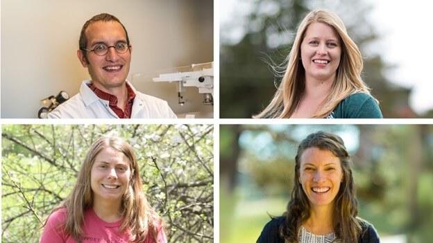 A composite of four headshots. Clockwise from top left: Matthew Scarborough; Gillian Galford; Kelsey Gleason; Heather Darby