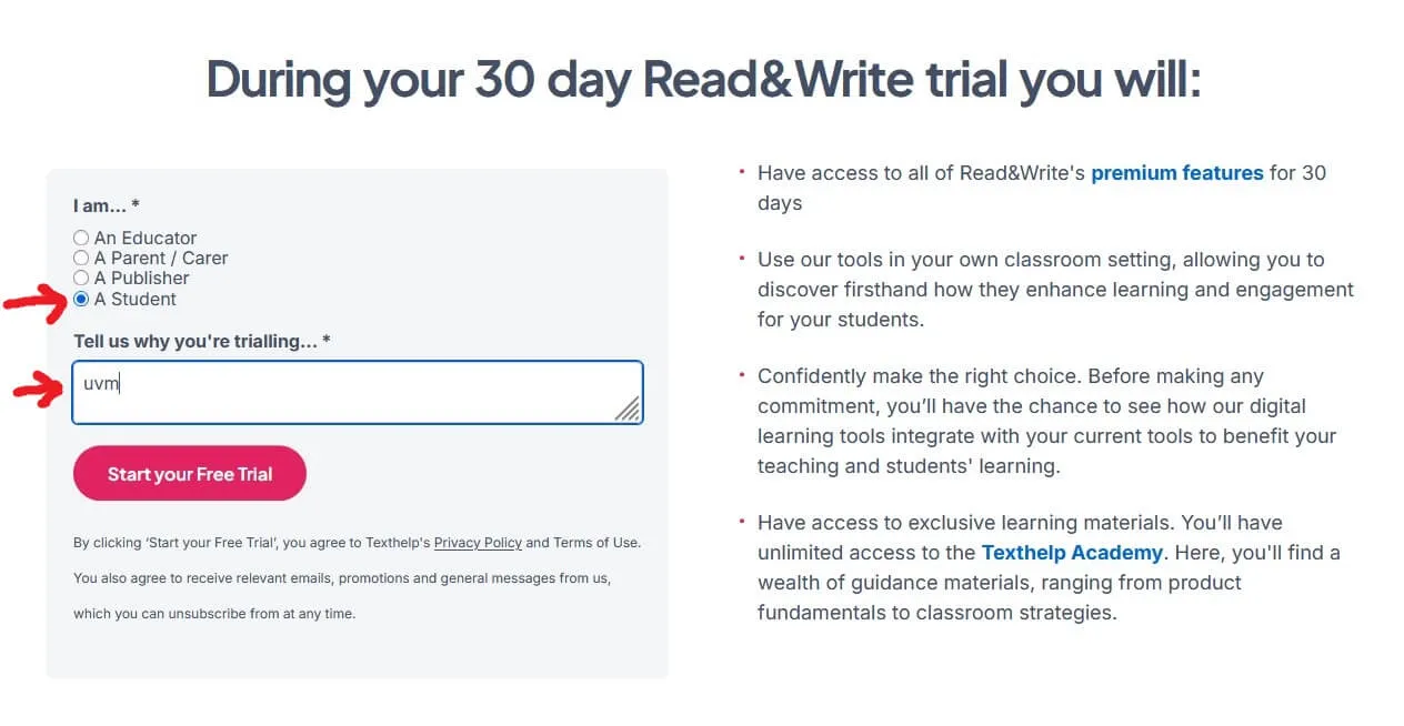 Read and write trial webpage, radio button A Student selected, "uvm" in text box