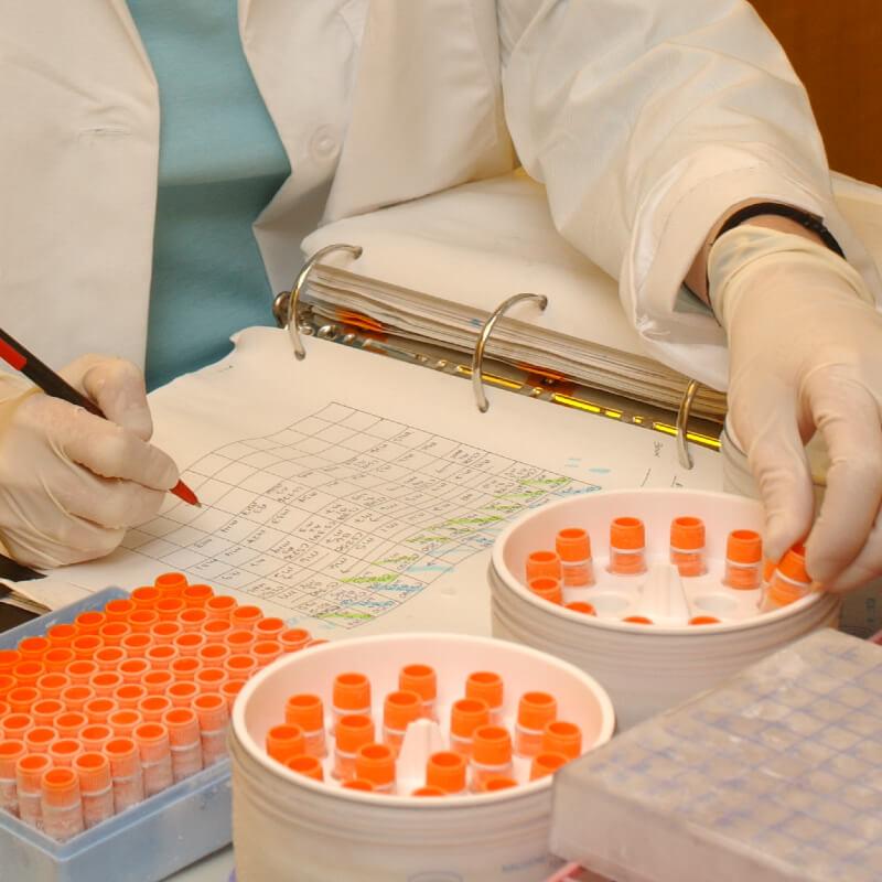 lab researcher looks at specimens and writes in a notebook