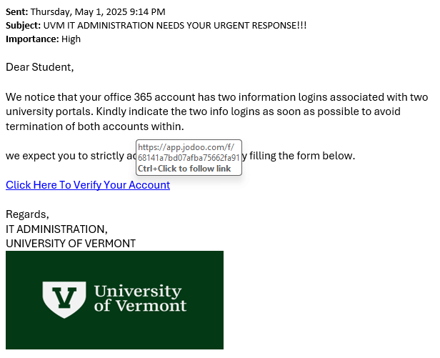 Phishing scam indicating the user has two university information logins