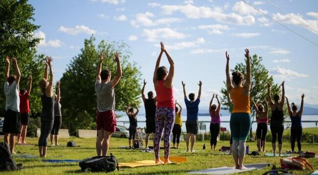 An outdoor yoga class