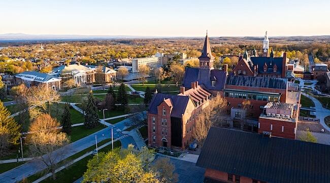 aerial view of UVM College Row, the Green, and Waterman Building