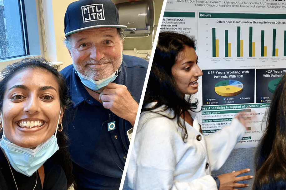 Left: a woman and a man smiling in a medical office; right: a woman presenting a poster at a conference