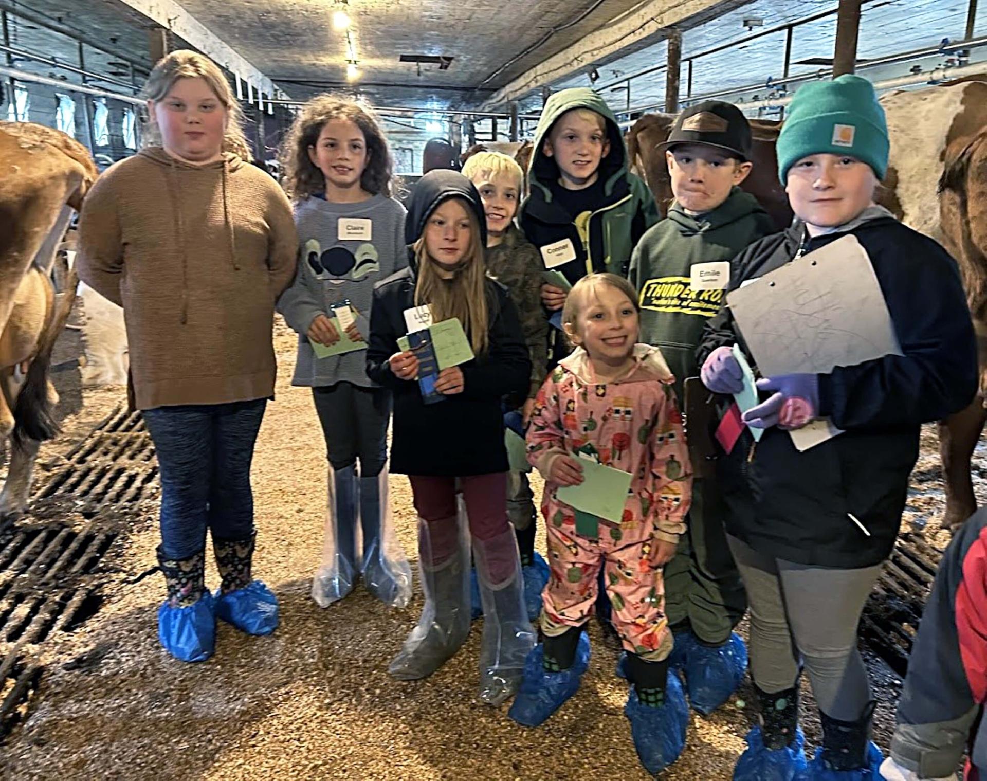 a group of 4-h'ers in a barn with cows