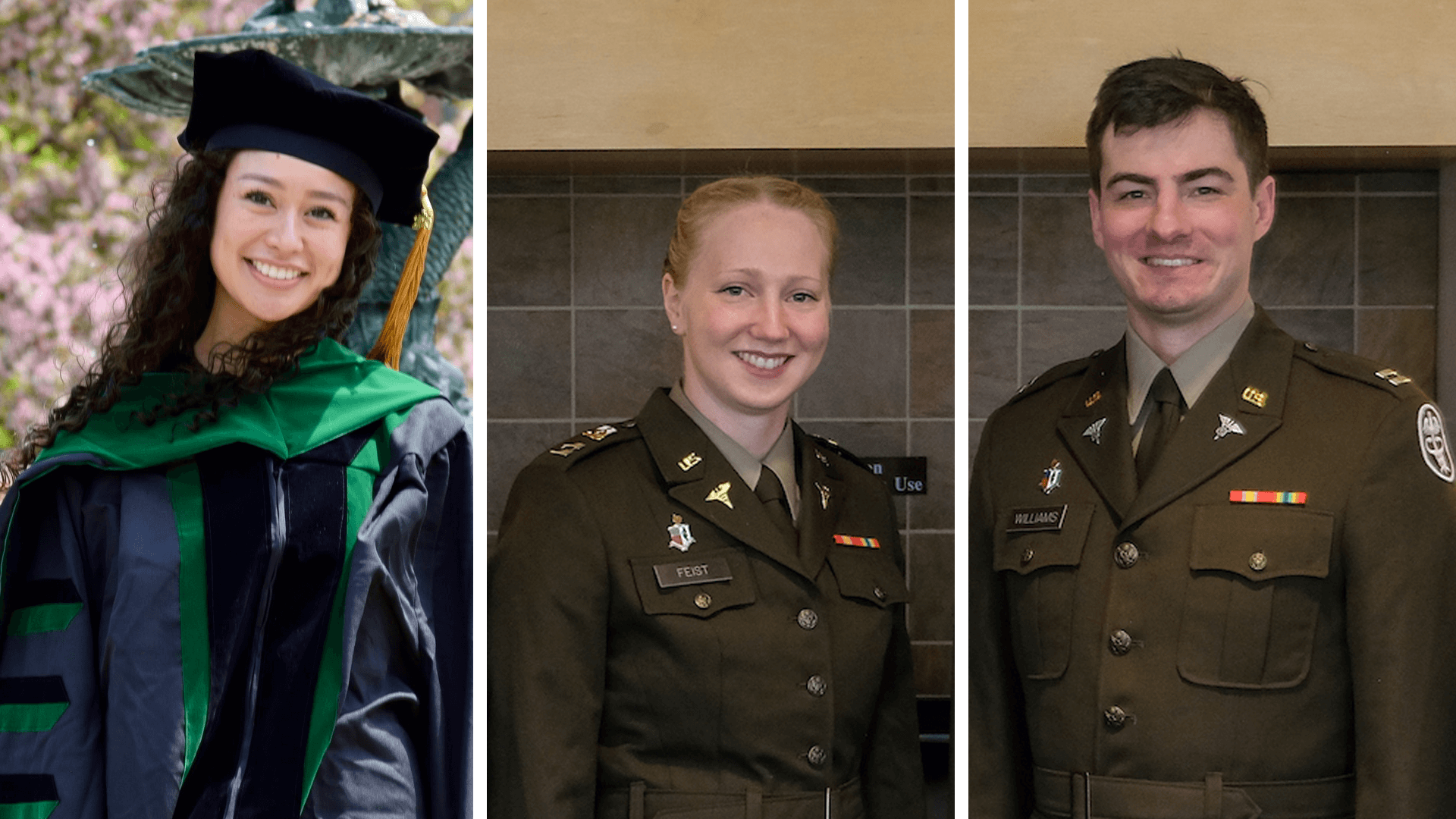3 headshots, left to right: a woman in UVM graduation regalia, a woman in a U.S. Army uniform, a man in a U.S. Army uniform