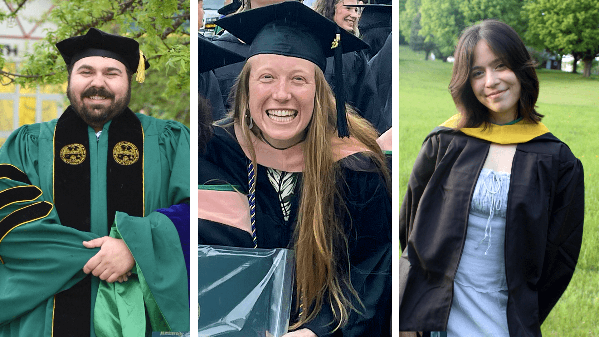 3 headshots, each of a person in academic regalia smiling