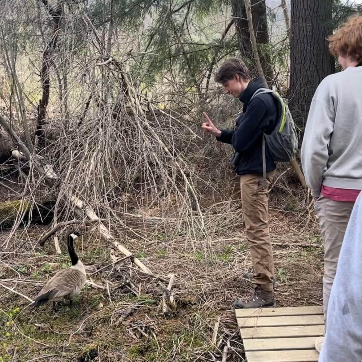 Spencer wagging his finger at a goose in the woods.