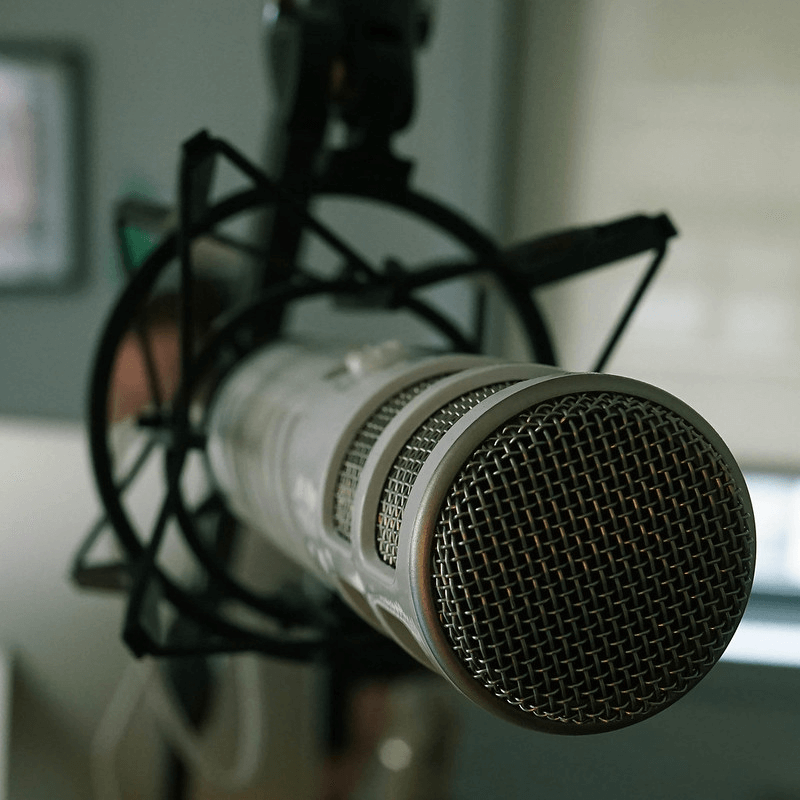 Up close picture of a microphone used for podcast. 