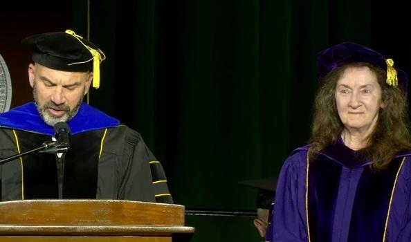 Dean Peter Newman and Pat Stokowski at the Rubenstein School Commencement Ceremony in May 2025