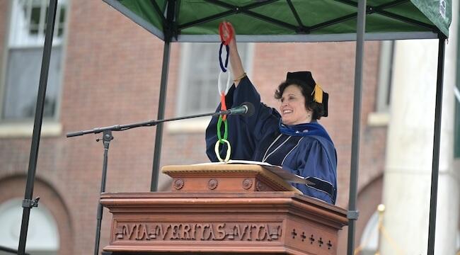 Interim President Patricia A. Prelock empasizes a point with magic.