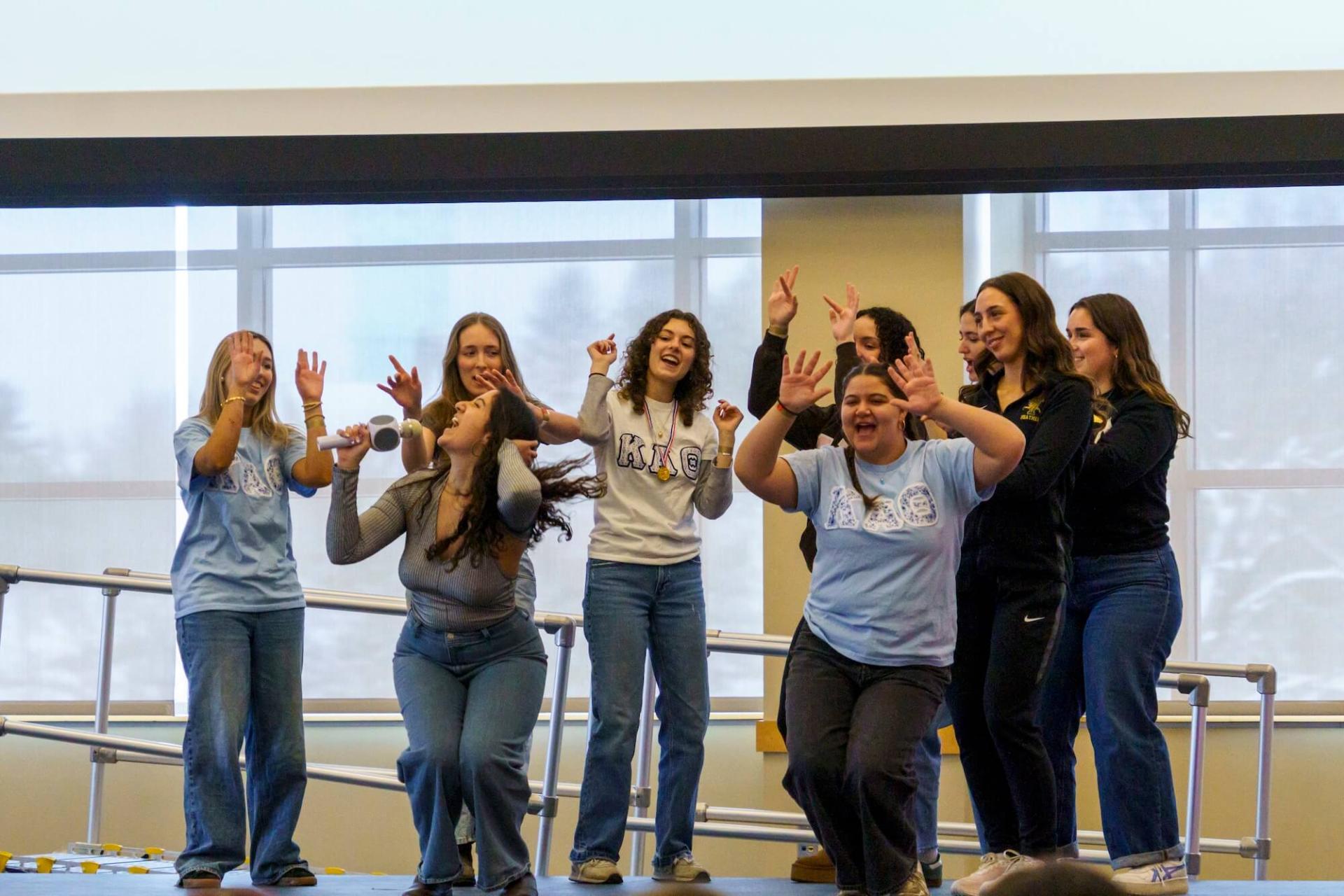 A group of sorority members dance at RALLYTHON, one of UVM's signature philanthropic events.