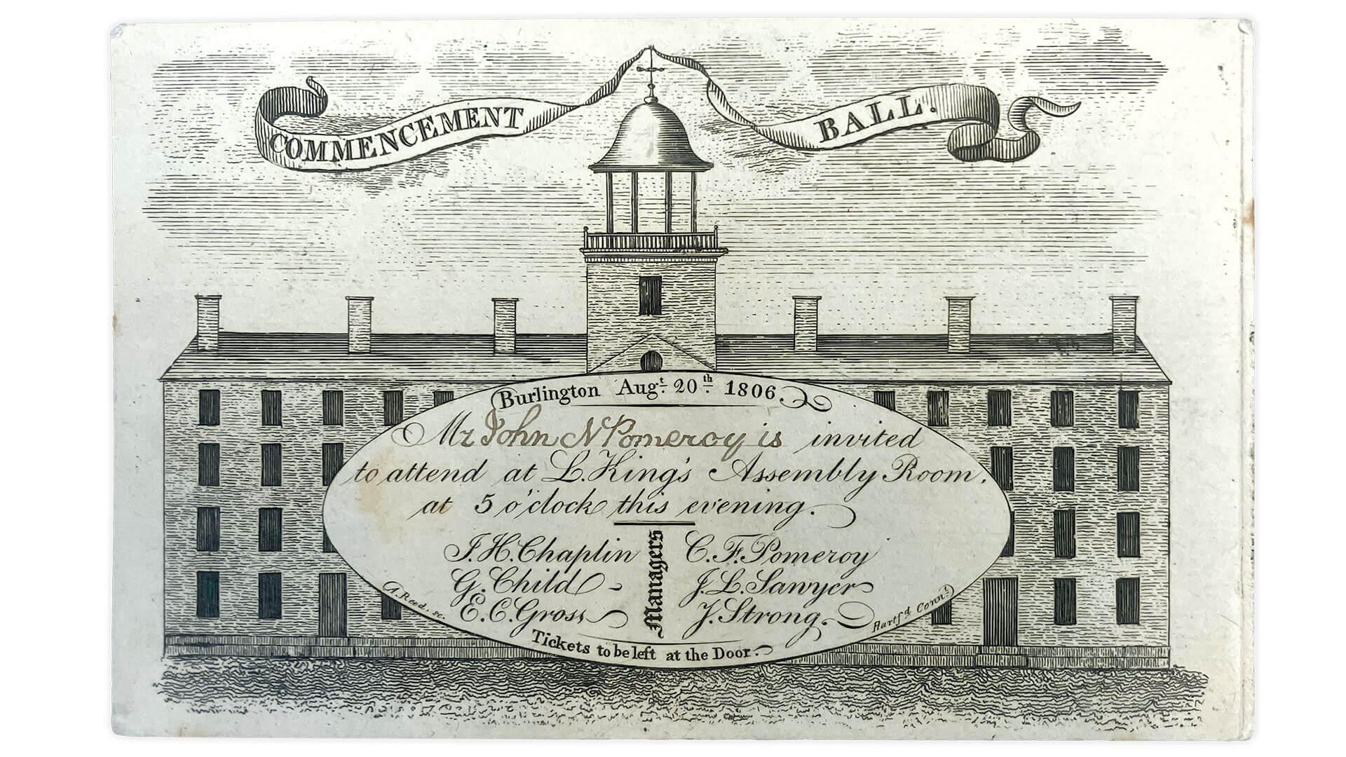 an old invitation for university commencement featuring the original old mill from 1806