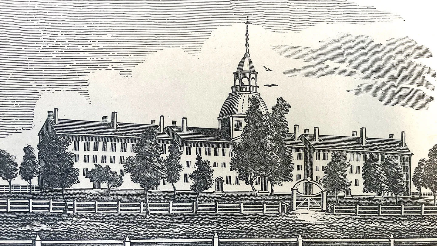 blockprint artwork of the old mill building