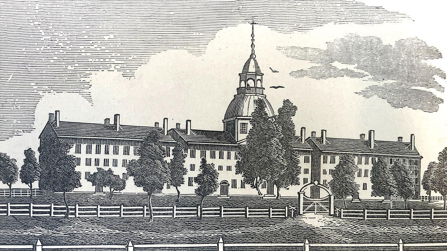 blockprint artwork of the old mill building