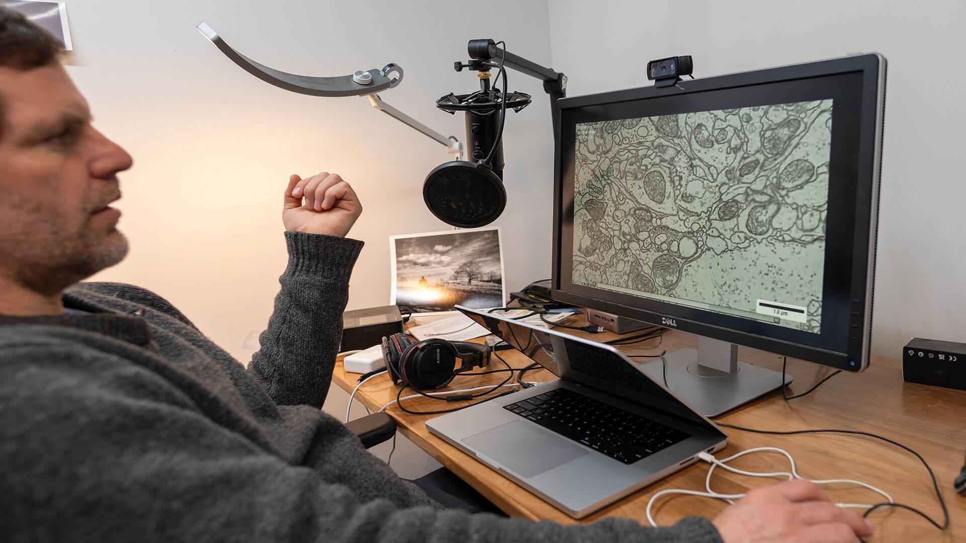 a person sits at a desk looking at cells on a computer