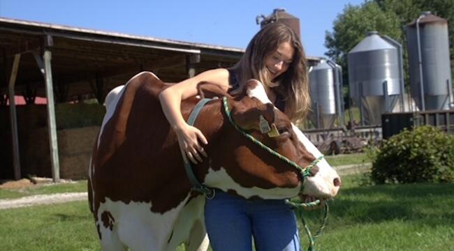 young woman in barnyard with arms around the neck of a cow