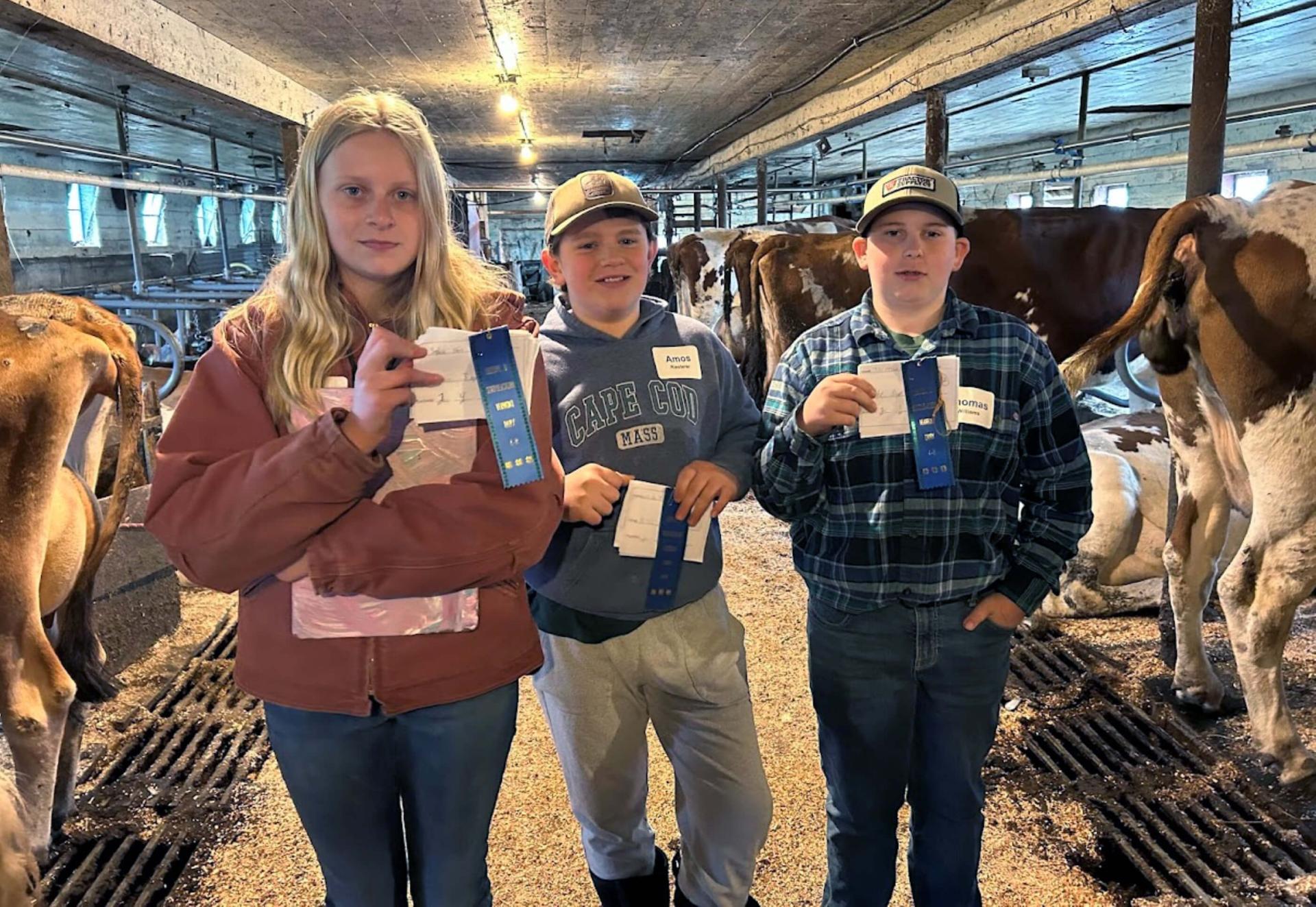3 4-h'ers in a barn with cows