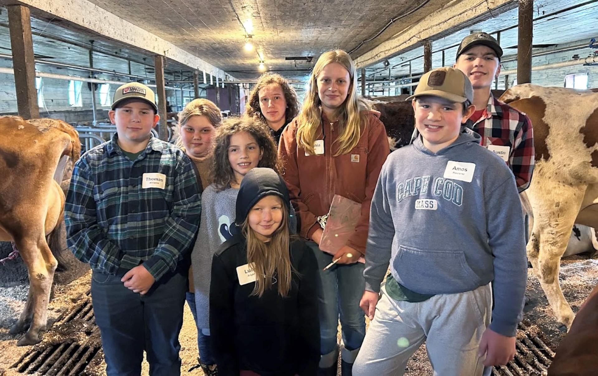 a group of 4-h'ers in a barn with cows