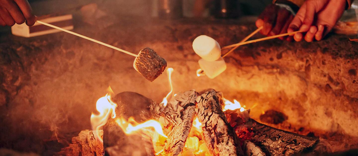 three people roasting marshmallows in a campfire 