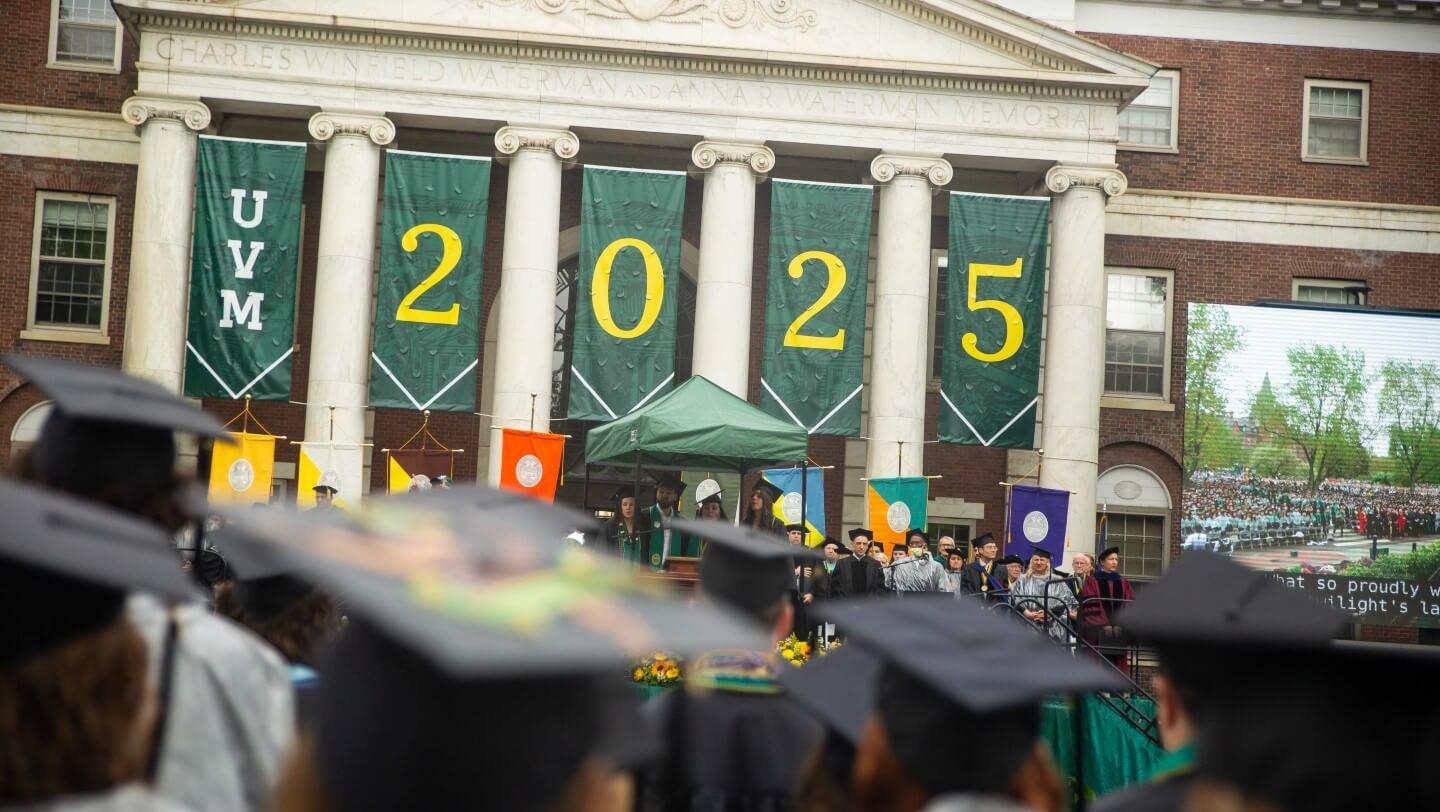 UVM 2025 banners hanging on Waterman building