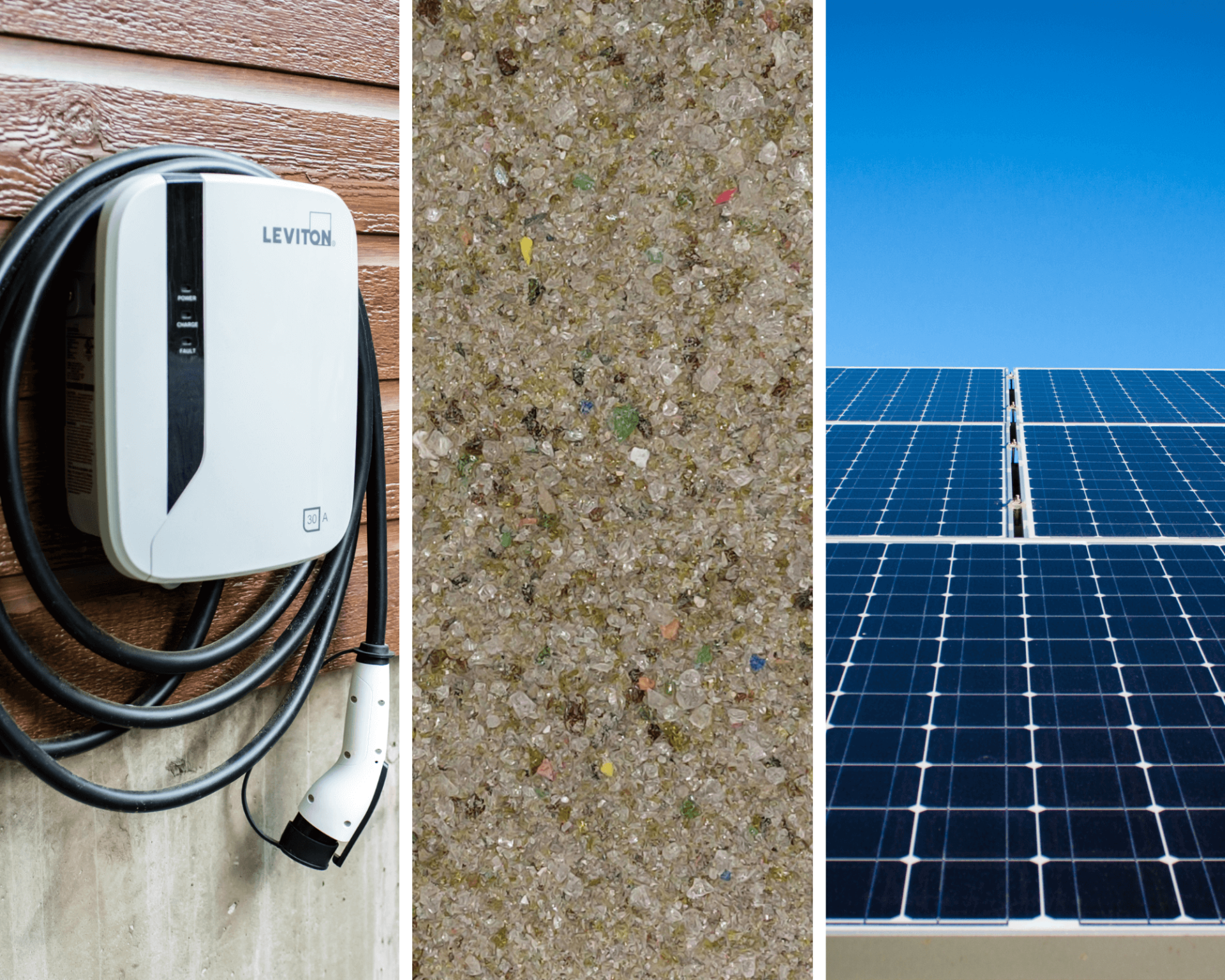 Three images next to one another. EV charger, crushed glass and a solar panel.