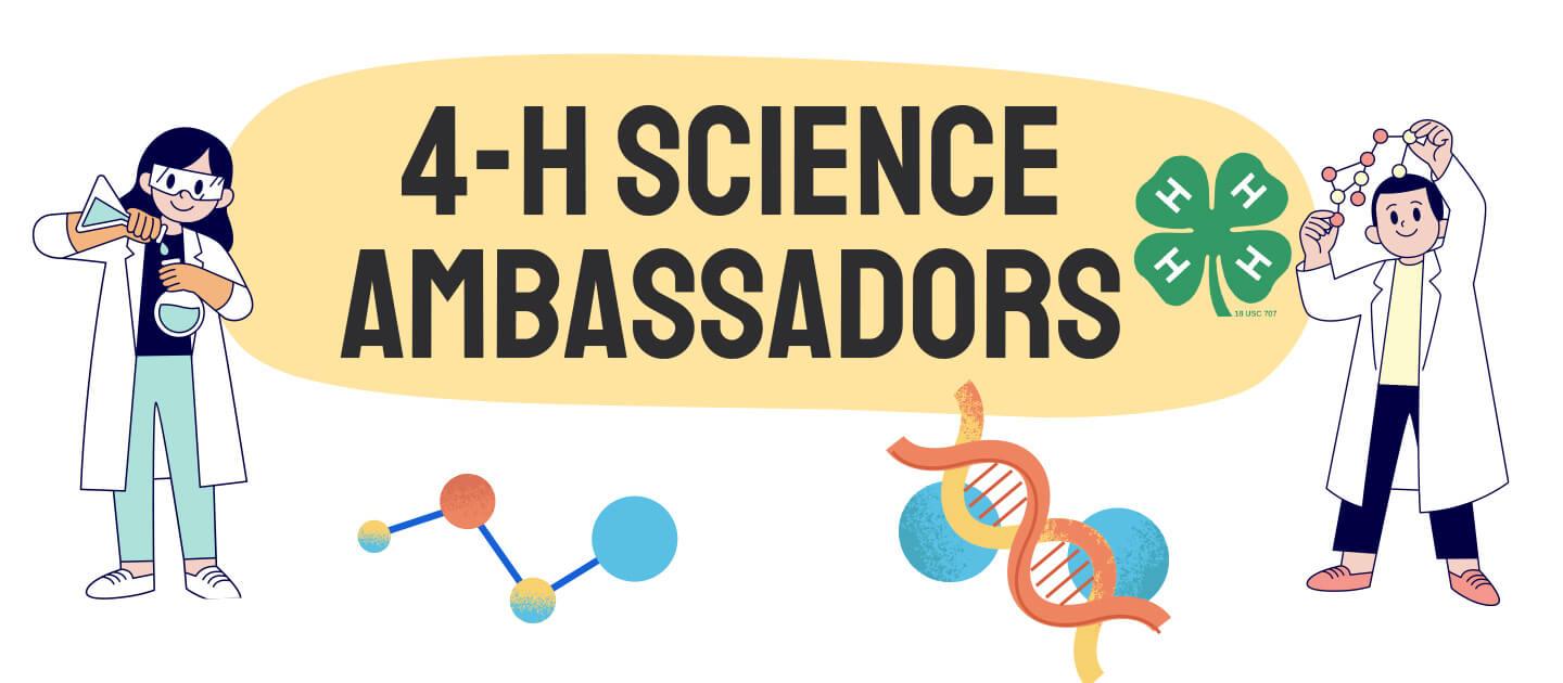 two cartoon scientists standing on either side of a banner reading 4-h science ambassadors