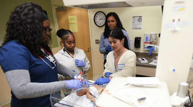 a doctor demonstrating pediatric skills to 3 students