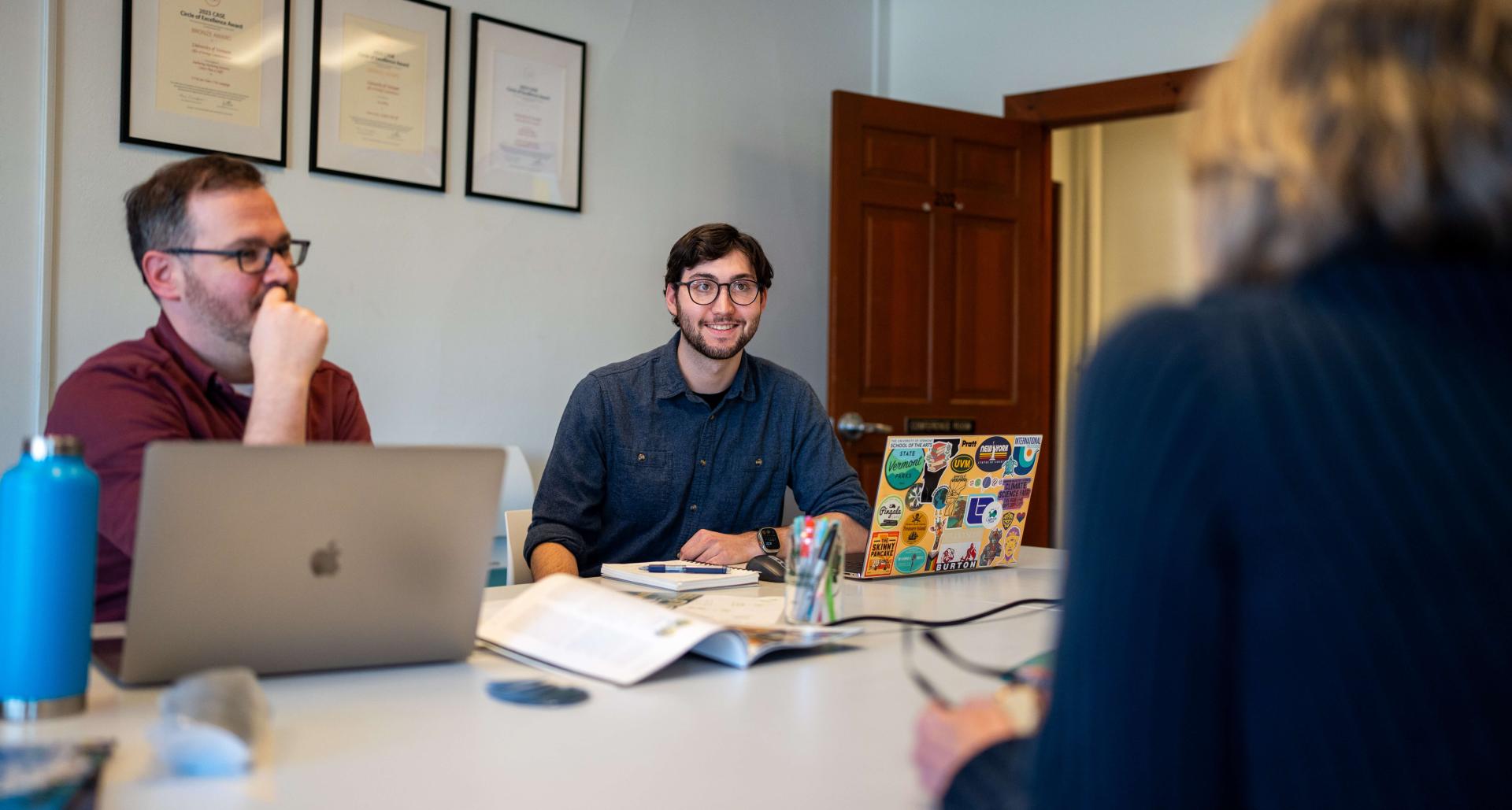 Jared Carnesale, CDAE major, in his weekly meeting Strategic Communication Creative Director, Cody Silfies. Photo Credit: Bruce Gibbs.