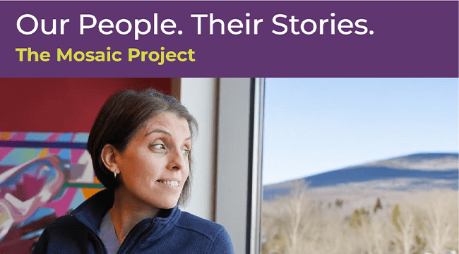 Woman looking out a window with the words "Our People. Their Stories. The Mosaic Project"