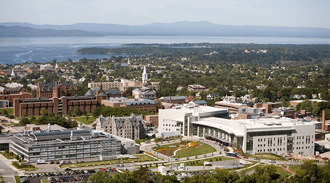 a birds-eye view of the UVM Medical Center with Lake Champlain in the background