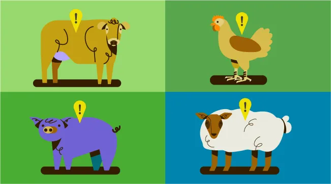 A colorful graphic of four farm animals, a brown cow, a brown chicken, a purple pig, and a white sheep.