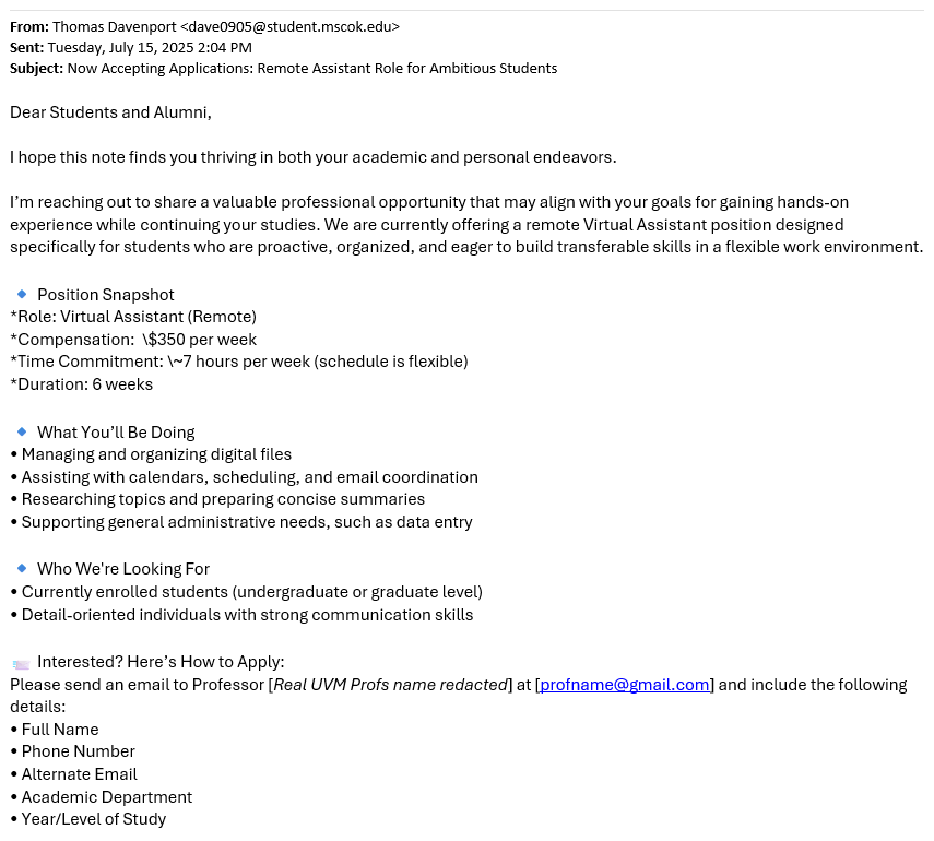 scam email offering job that pays $350 for 7 hours of work per week