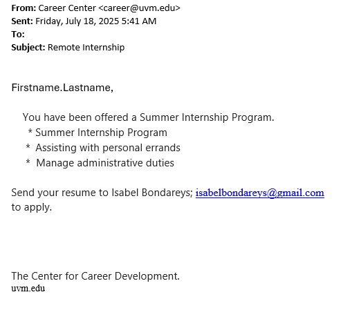 phishing email with summer internship offer