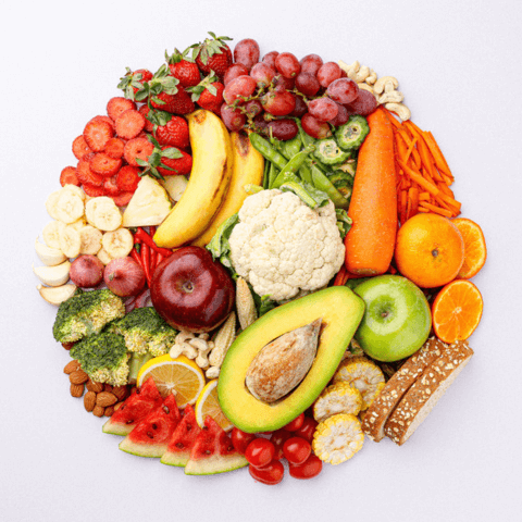 fruit and vegetable arranged in a circle