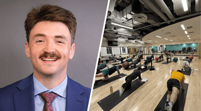 left: a man smiling. right: a fitness class.