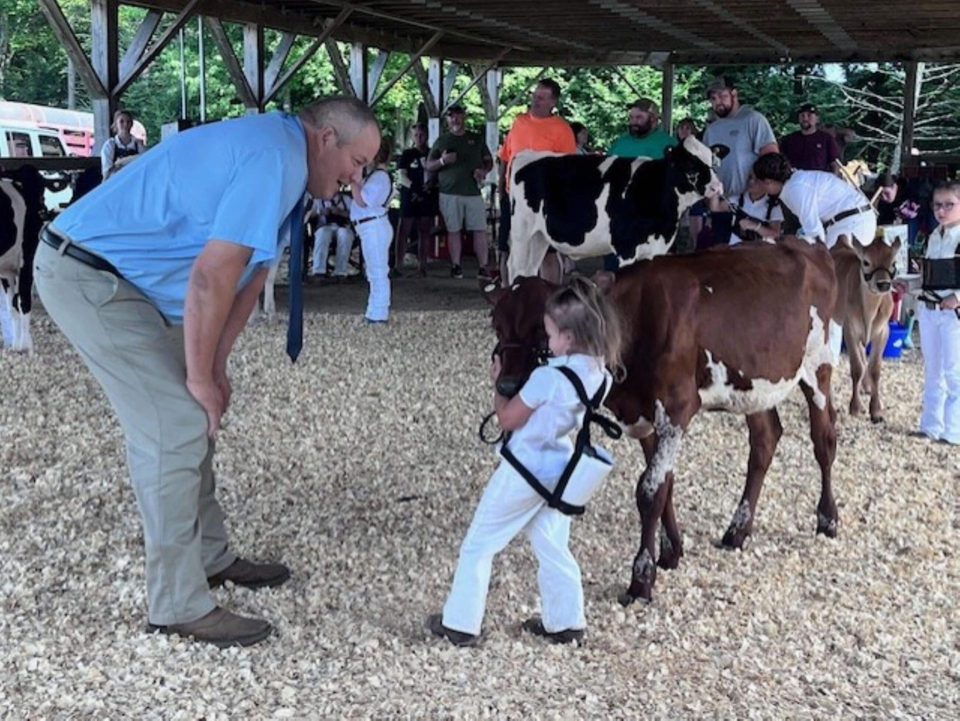 judge and youngster with a cow