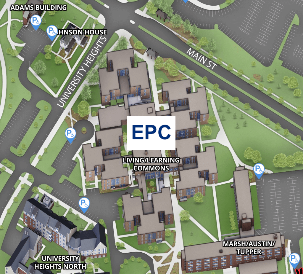 Close-up of the campus map, showing accessible parking to the east and west of the EPC