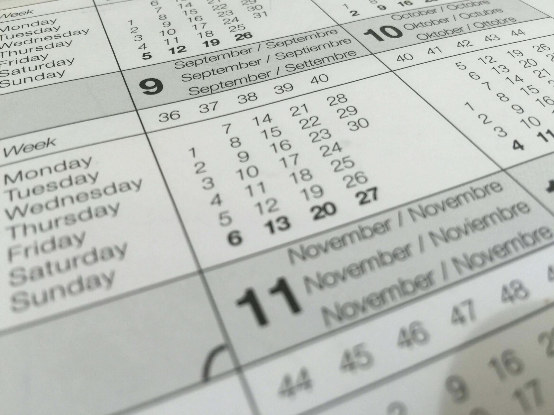 Close up of a monthly calendar