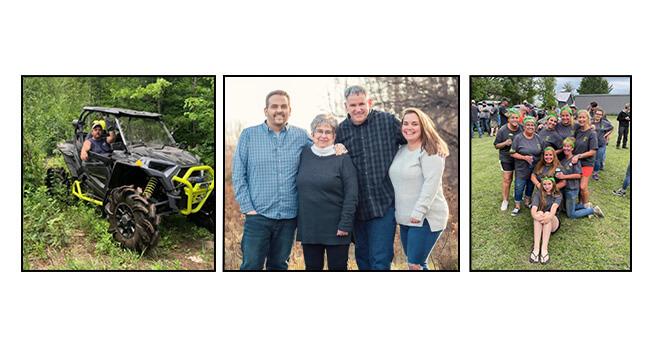 3 photos: 1 of a man on a side-by-side; 1 of a 4-person family; 1 of a group of people at an event