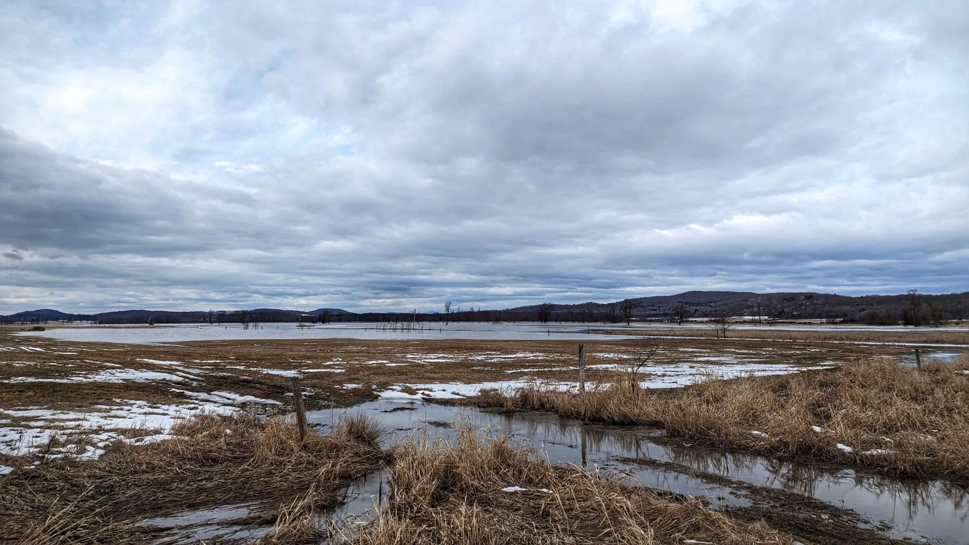 a wetland in window with snow on the ground and grey clouds above