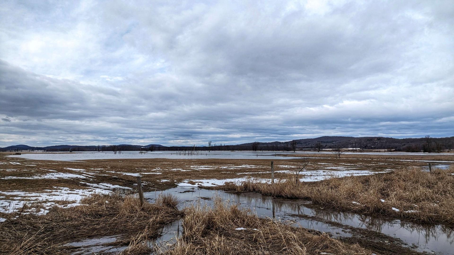 a wetland in window with snow on the ground and grey clouds above