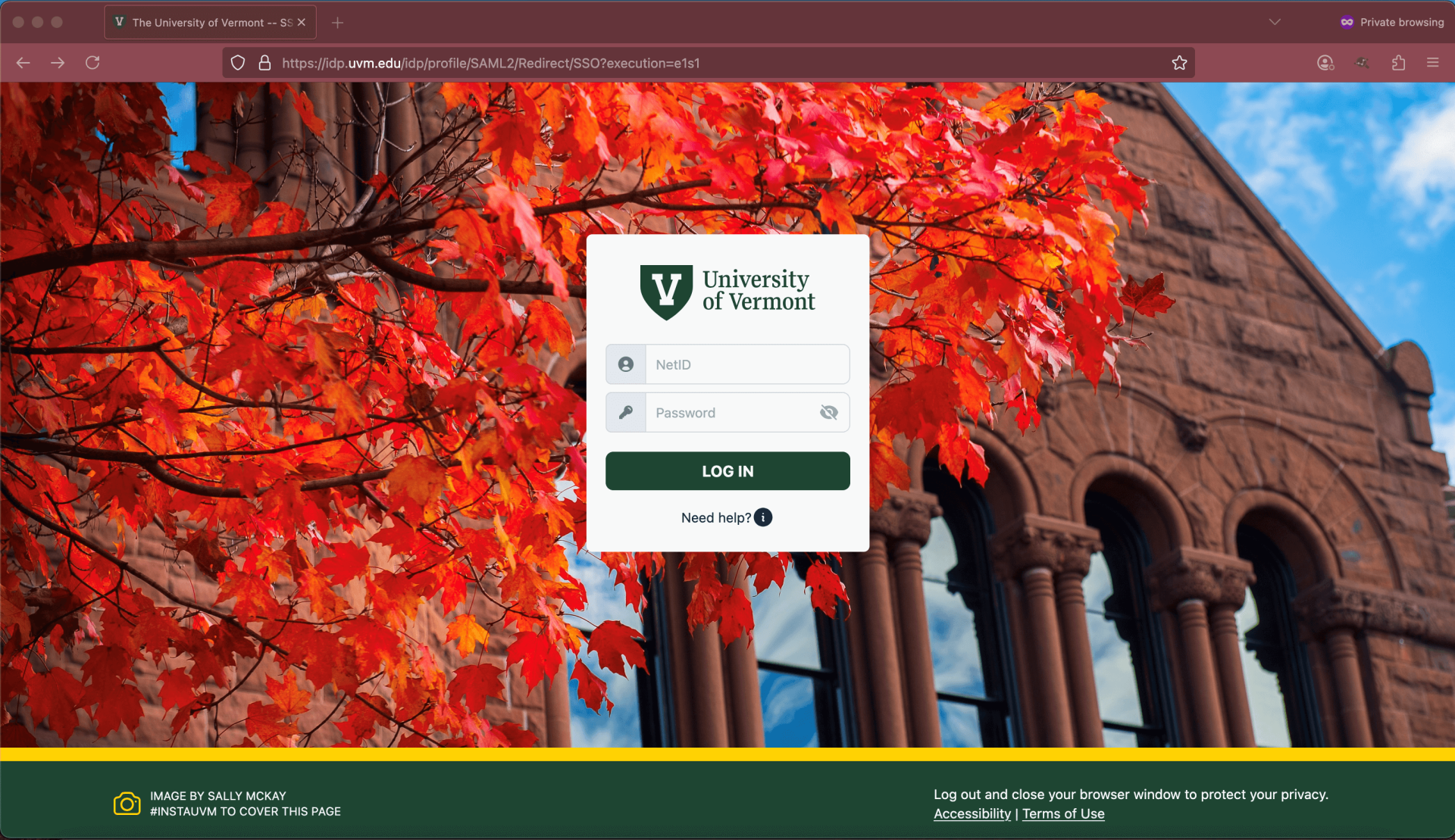 The UVM single sign-on page, with the username and password prompt superimposed on a detail of Billings Hall with an orange tree in front of it
