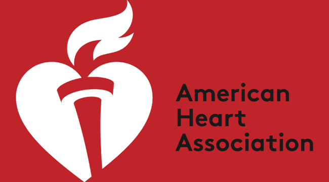 American Heart Association logo on red background with white torch & heart