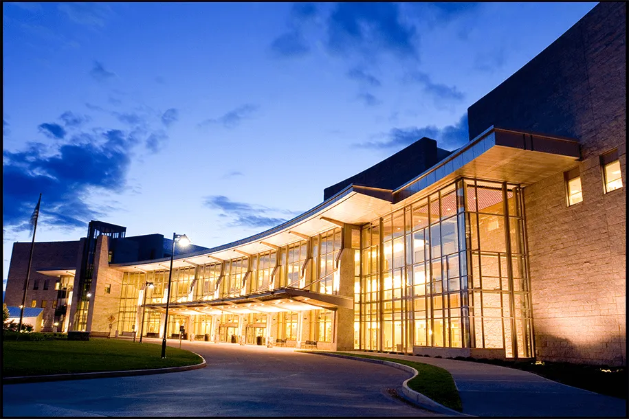night view of the UVM Medical Center main enttrance