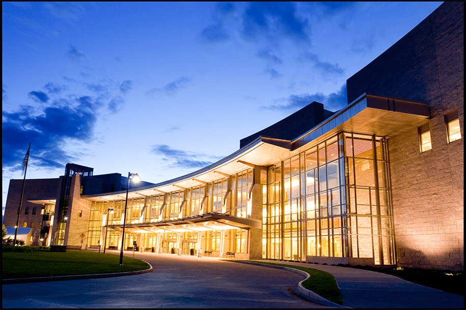night view of the UVM Medical Center main enttrance
