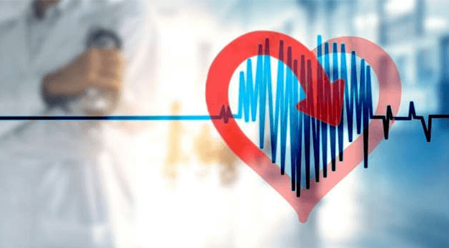 graphic of a red heart with black squiggles, and a doctor in the background
