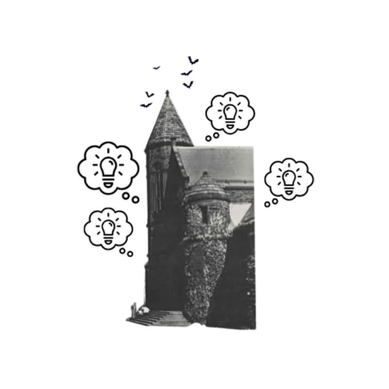  A black and white image of Billings Library at the University of Vermont, surrounded by thought bubbles containing lightbulbs 