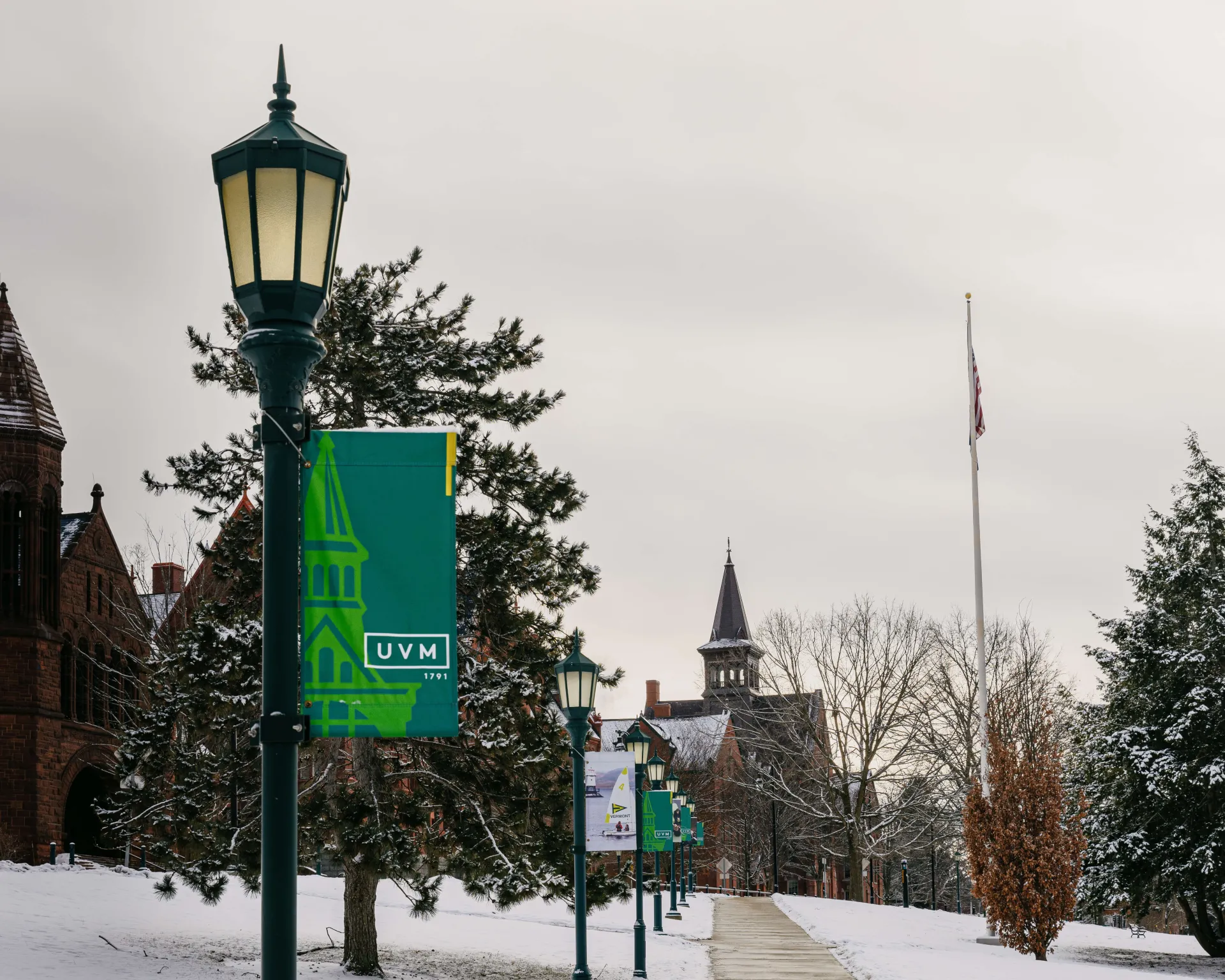 Snowy scene of campus during winter