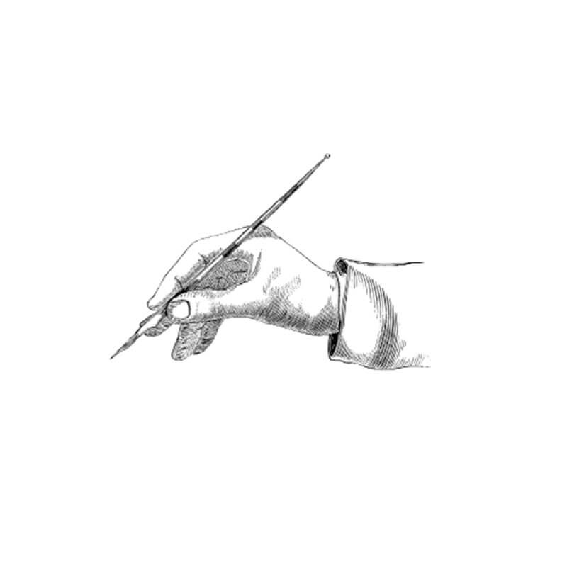 A detailed, black-and-white line drawing of a person's hand holding a pen, poised to write.